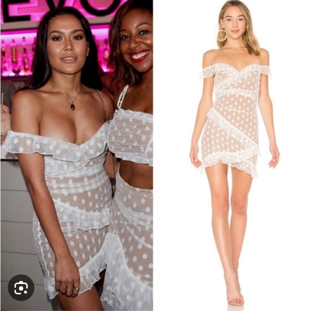 Revolve Majorelle Bandit Dress White Polka Dot Off-Shoulder bloggers favourite